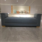 Slate Blue Leather Bed End Bench with Nailhead Trim and Metal Block Feet
